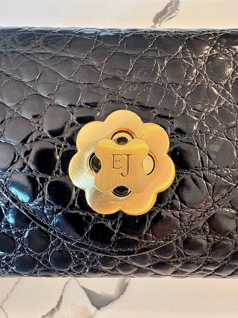Vintage Eric Javits Black Crocodile Embossed Leather Clutch Bag  EJ 1990-2000 - Picture 5 of 8